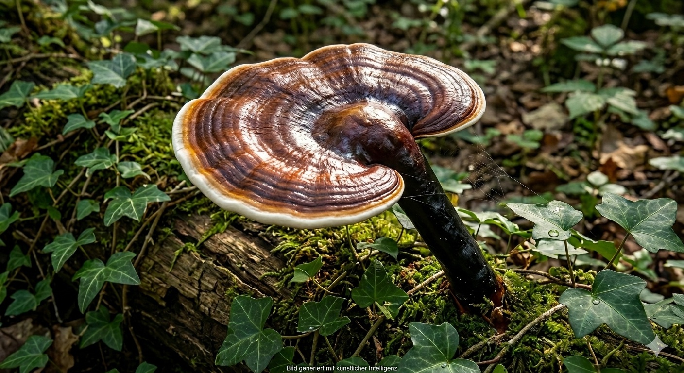 Glänzender Lackporling - Bild exemplarisch, KI generiert. Sehr markant ist der Stiel des Porlings (schwarz bis schwarzrot glänzend). 